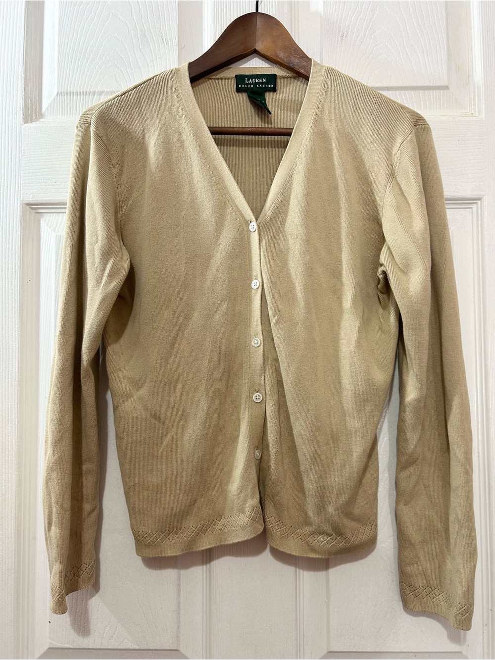Lauren Ralph Lauren Silk Cotton Cardigan Sweater Womens Small Tan Button Front